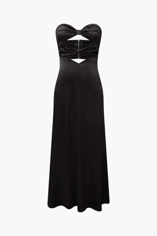 Knot Front Cut Out Satin Strapless Maxi Dress sold by Micas