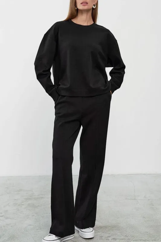 Solid Round Neck Sweatshirt And Elastic Waist Straight Leg Pants Set sold by Micas