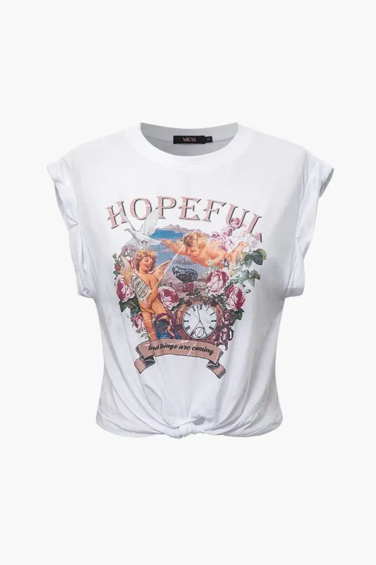 Hopeful Graphic Rolled Cuff Knot Hem T-Shirt sold by Micas