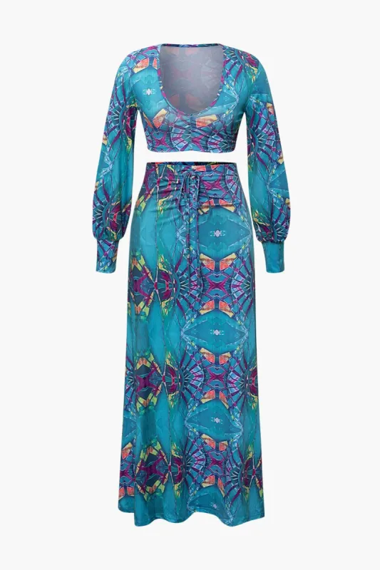 Printed Lantern Sleeve Crop Top And Drawstring Skirt Set made by Micas