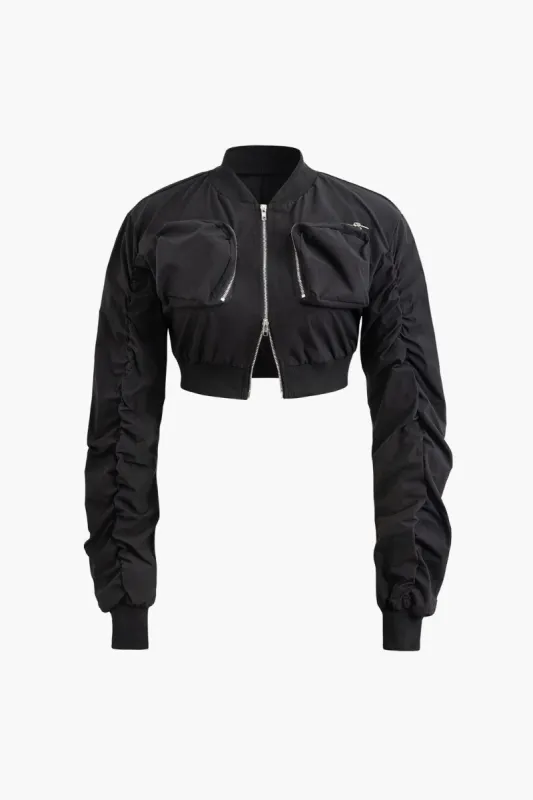 Stand Collar Zip Up Pocket Long Sleeve Crop Jacket sold by Micas