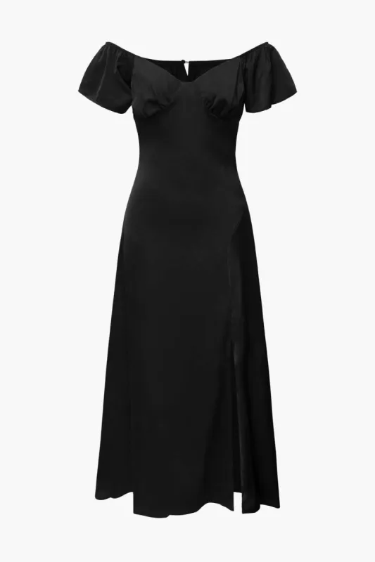 Off-Shoulder Satin Ruched Bust Slit Maxi Dress sold by Micas