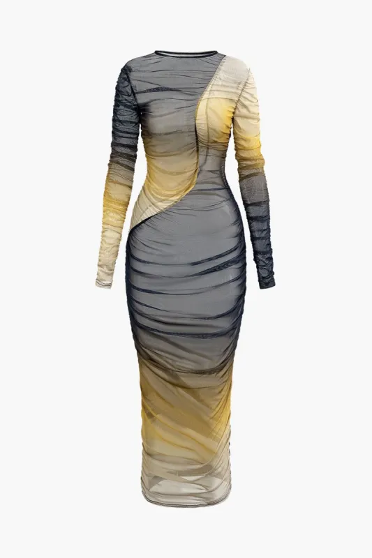 Ombre Mesh Round Neck Ruched Long Sleeve Maxi Dress sold by Micas