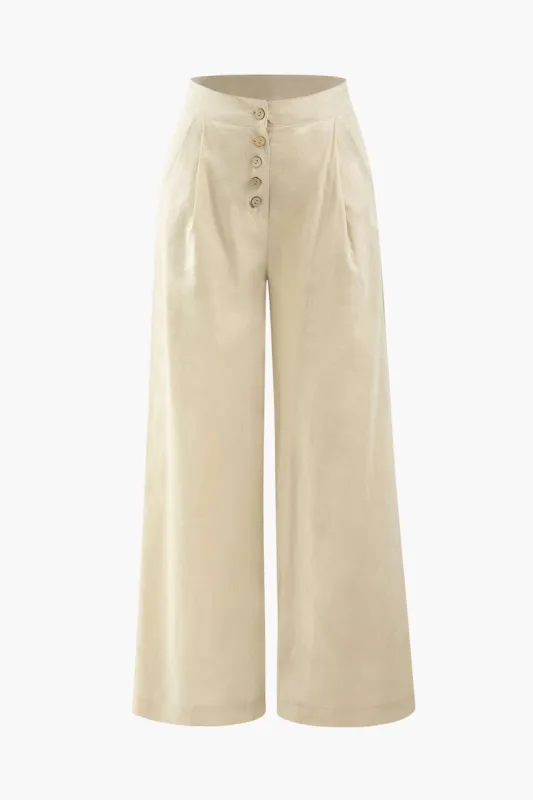 Knap linned-blandet brede benbukser sold by Micas