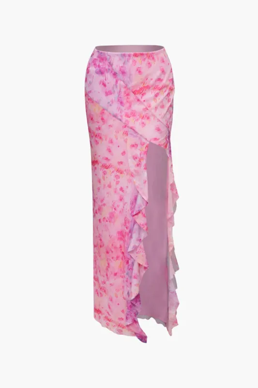 Printed Mesh Ruffle Skirt sold by Micas