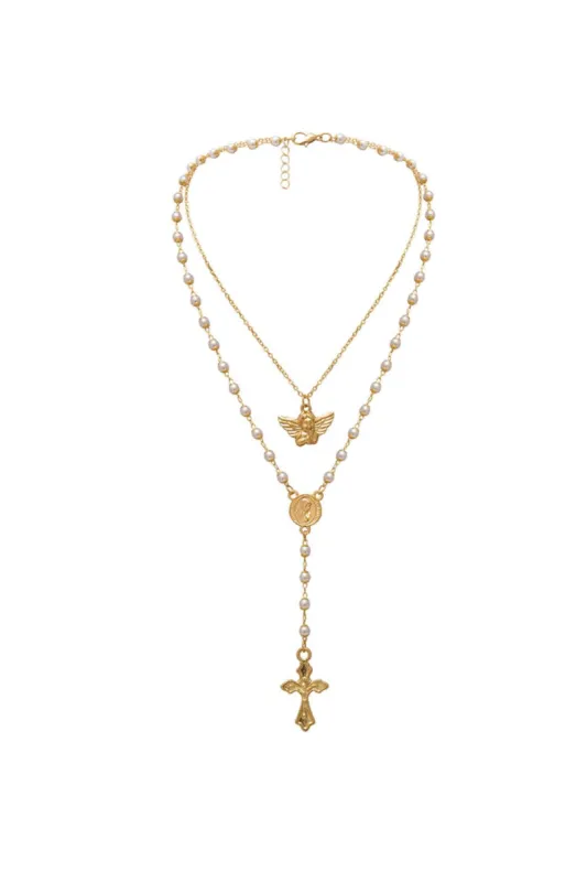 Spaced Pearl Cross Pendant Y Necklace sold by Micas