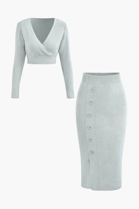 V-neck Cross Long Sleeve Top And Button Slit Skirt Set sold by Micas