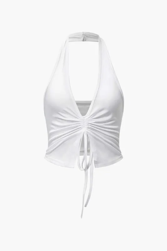 Ruched Drawstring V-neck Halter Top sold by Micas