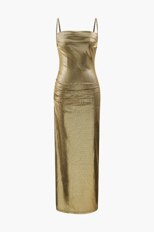 Metallic Square Neck Back Slit Cami Maxi Dress sold by Micas