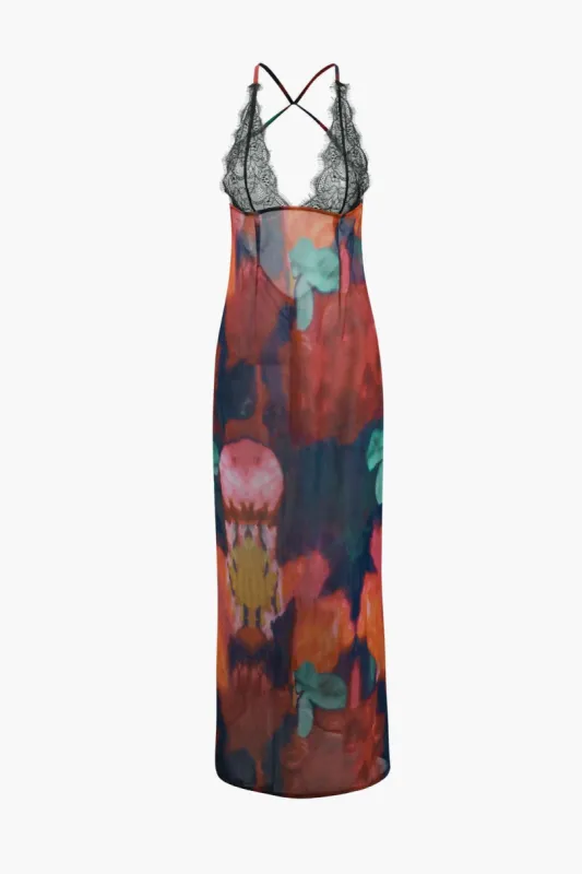 Abstract Print Lace Backless Maxi Dress made by Micas