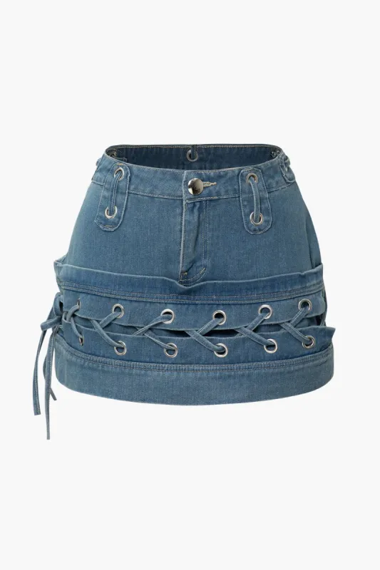 Eyelet Tie Denim Mini Skirt sold by Micas