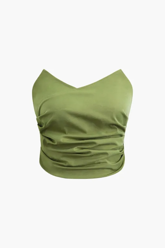 Asymmetric V-Neck Ruched Corset Top sold by Micas