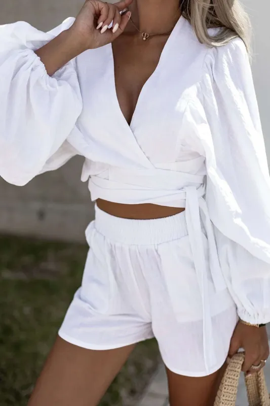 Linen Balloon Sleeve Tie Back Blouse And Elastic Waist Shorts sold by Micas