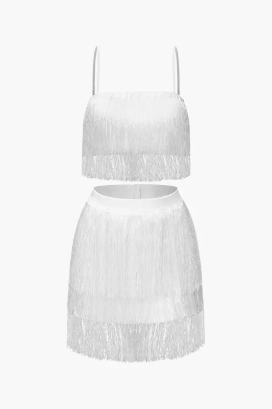 Fringe Cami Top And Tiered Mini Skirt Set sold by Micas