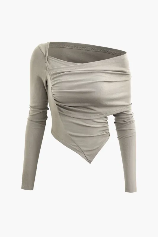 Asymmetric Neck Ruched Long Sleeve Top sold by Micas
