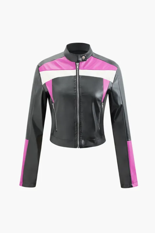 Contrast Faux Leather Stand Collar Zipper Jacket sold by Micas