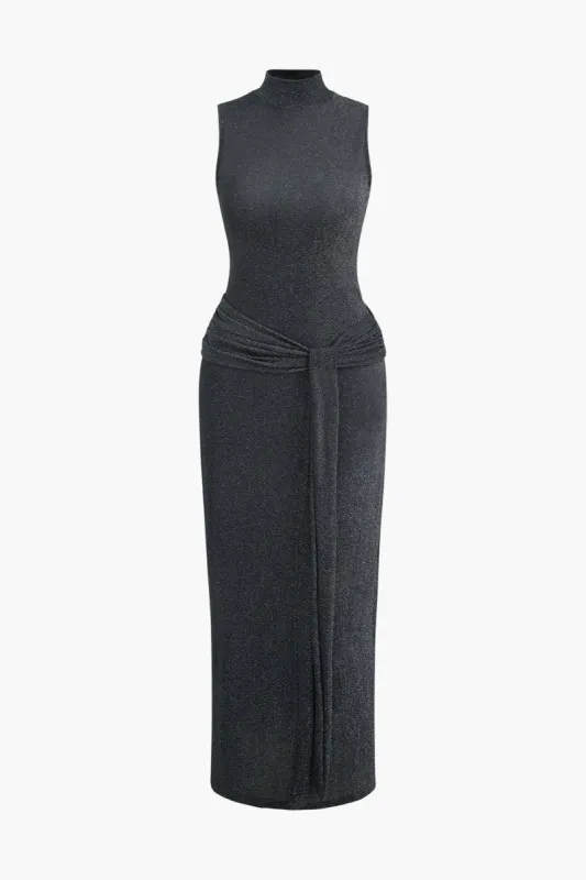 Lurex Mock Neck Sleeveless Knot Waist Maxi Dress sold by Micas