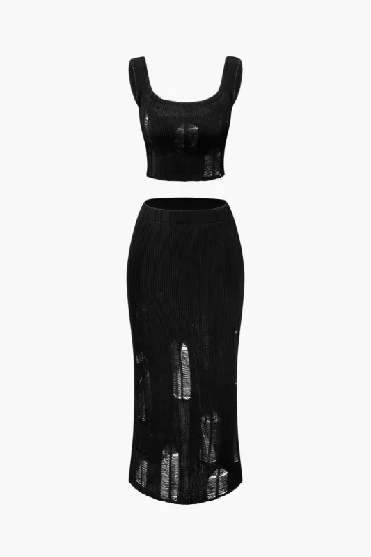 Distressed Laddered Knit Crop Tank Top And Maxi Skirt Set sold by Micas