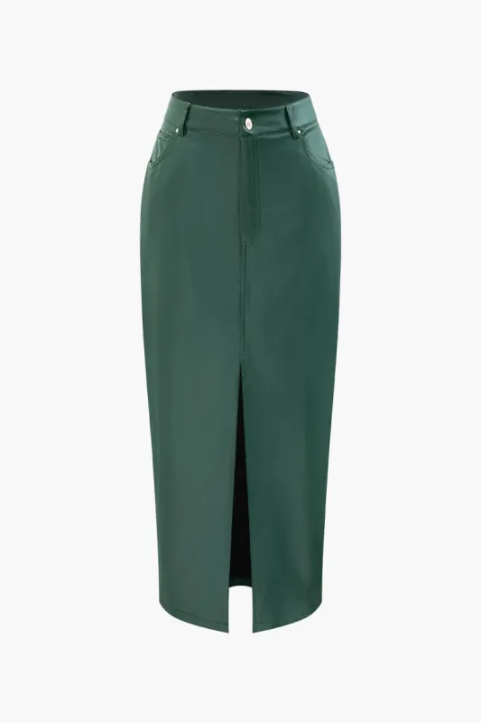 Faux Leather Slit Front Midi Skirt sold by Micas