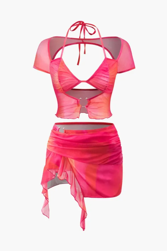 Ombre Halter Tie Cut Out Top And Ruffle Mini Skirt Set sold by Micas