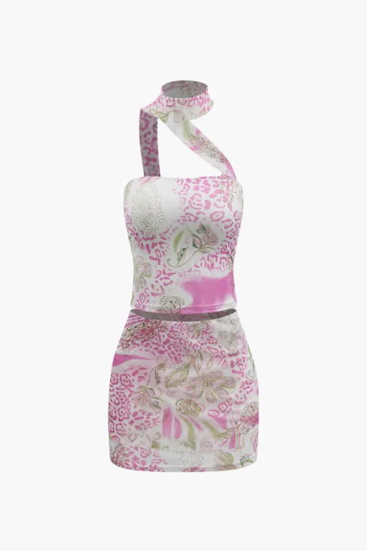 Floral Print Neck Scarf Tube Top And Mini Skirt Set sold by Micas