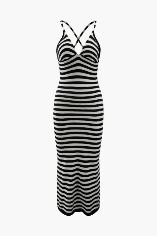 Stripe V-neck Cross Back Knit Midi Dress sold by Micas