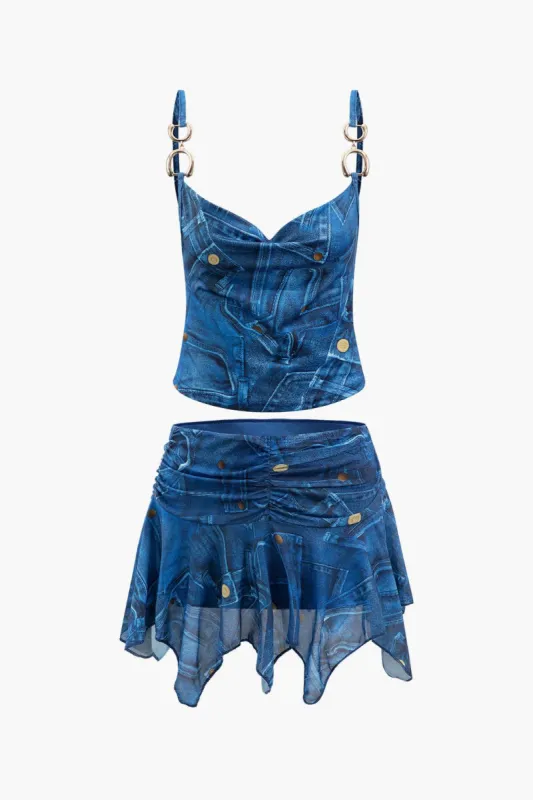 Denim Print Chain Strap Cami Top And Asymmetric Mini Skirt Set sold by Micas