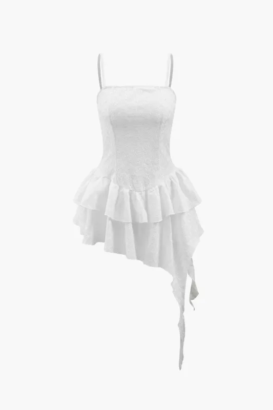 Embroidered Eyelet Asymmetric Ruffle Mini Dress sold by Micas