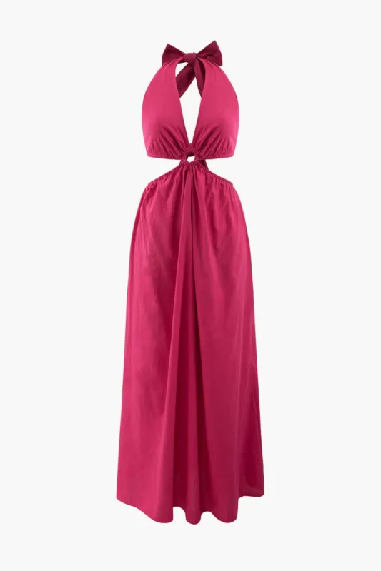 Linen-Blend Tie Back Cut Out Halter Maxi Dress sold by Micas