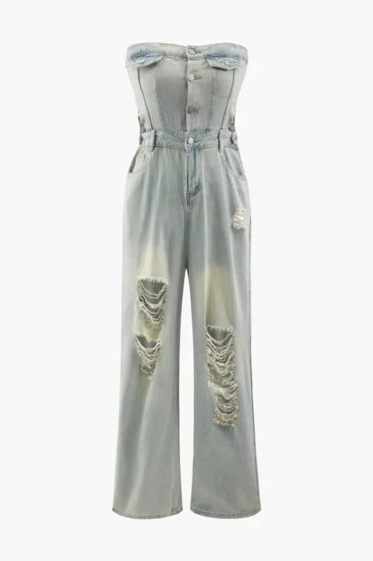 Faded Destroyed Denim Strapless Jumpsuit sold by Micas
