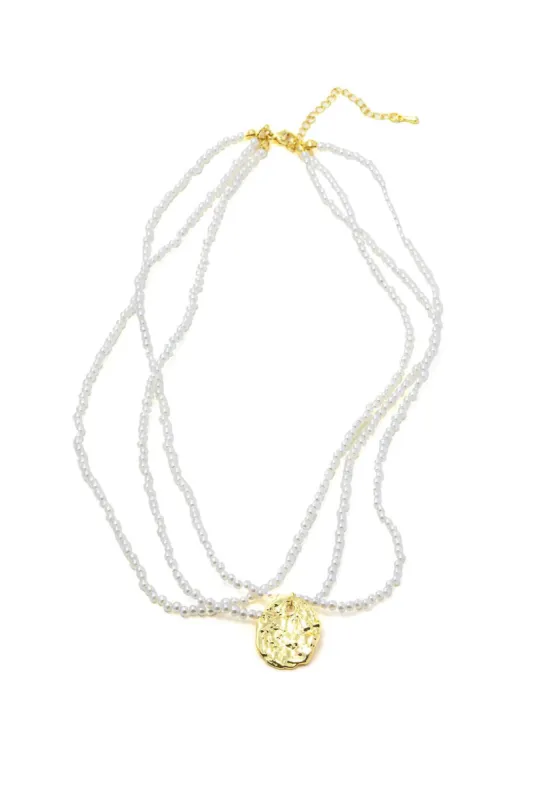 Hammered Pendant Layered Pearl Necklace made by Micas