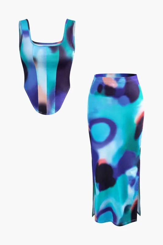 Tie Dye Square Neck Corset Top And Side Slit Midi Skirt Set sold by Micas
