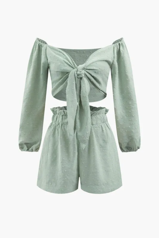 Dobby Knot Front Off-Shoulder Blouse And Pocket Shorts Set sold by Micas