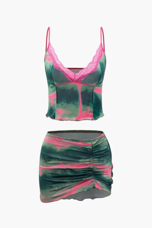 Tie Dye Lace Trim Cami Top And Mini Skirt Set sold by Micas