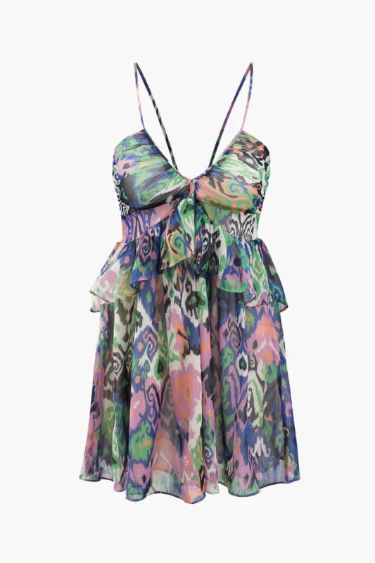 Printed V-neck Ruffle Mini Dress sold by Micas
