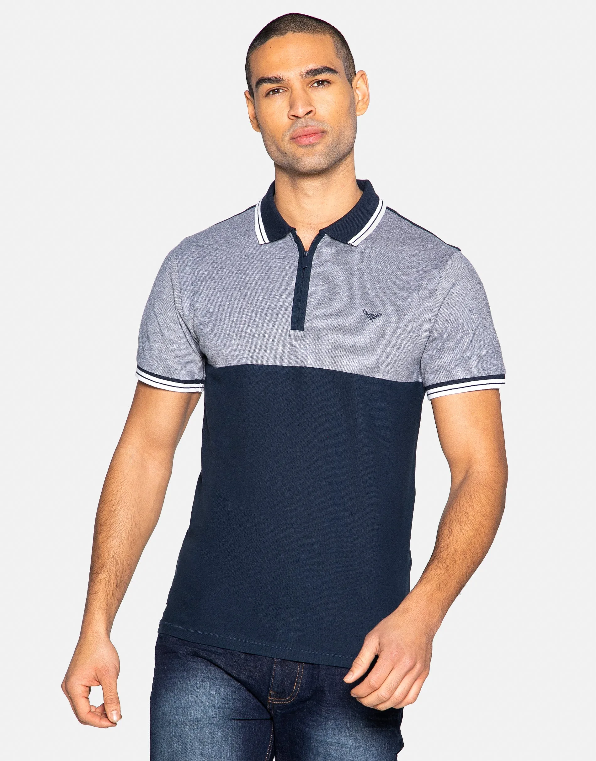 Men's Navy Two Tone Short Sleeve Polo Shirt sold by Threadbare