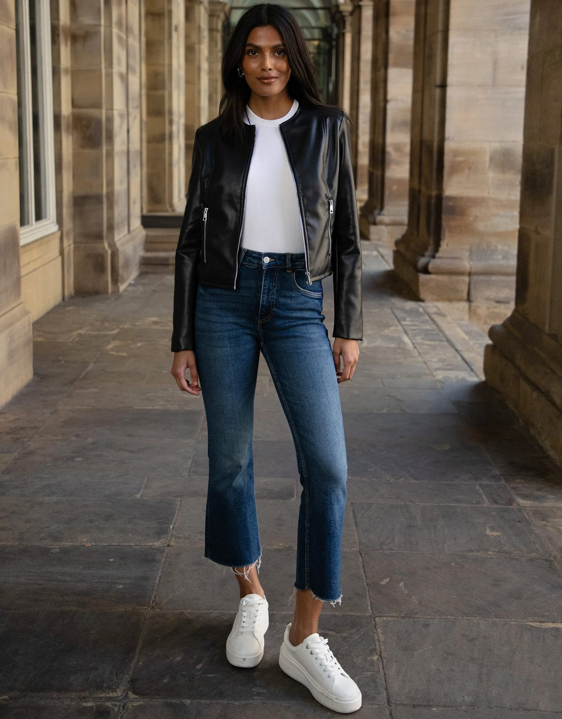 Women's Black Zip-Up Collarless Faux Leather PU Jacket sold by Threadbare product image thumbnail 3