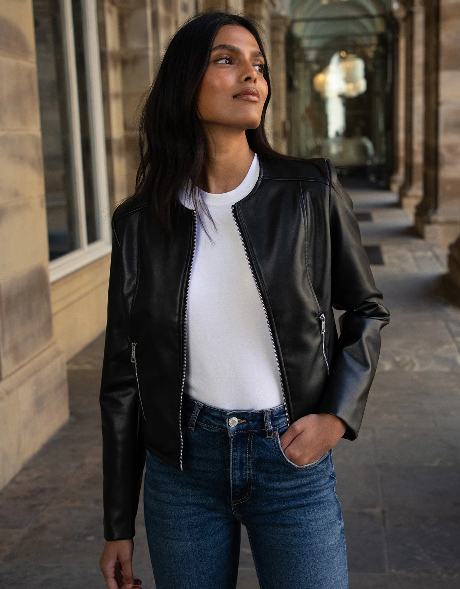 Women's Black Zip-Up Collarless Faux Leather PU Jacket sold by Threadbare