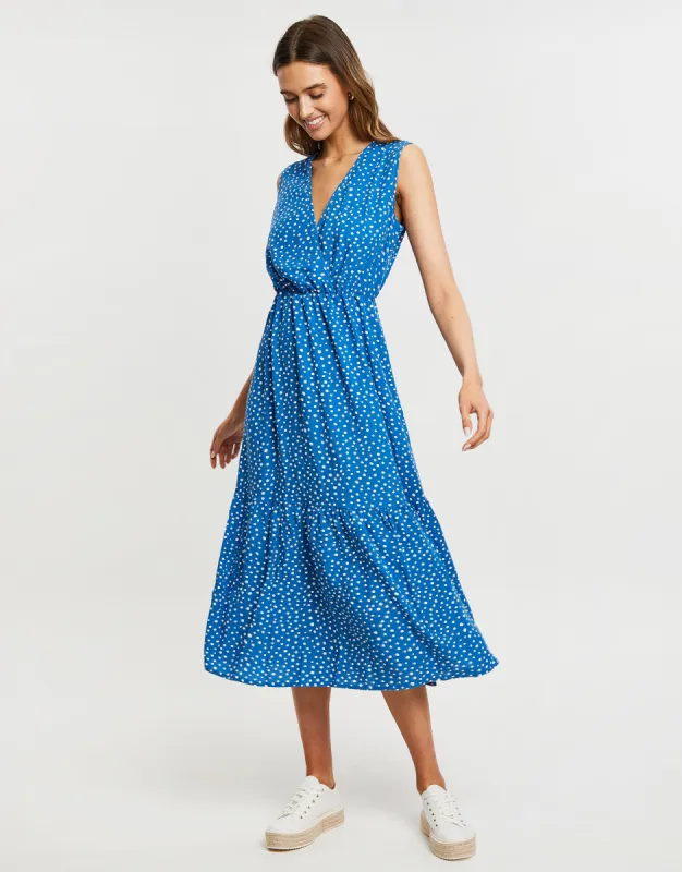Women's Blue Fleck Print Empire Waist Sleeveless Midi Dress sold by Threadbare