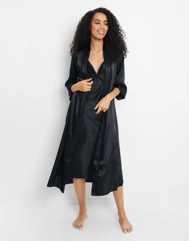 Women's Black Satin Kimono Robe sold by Threadbare