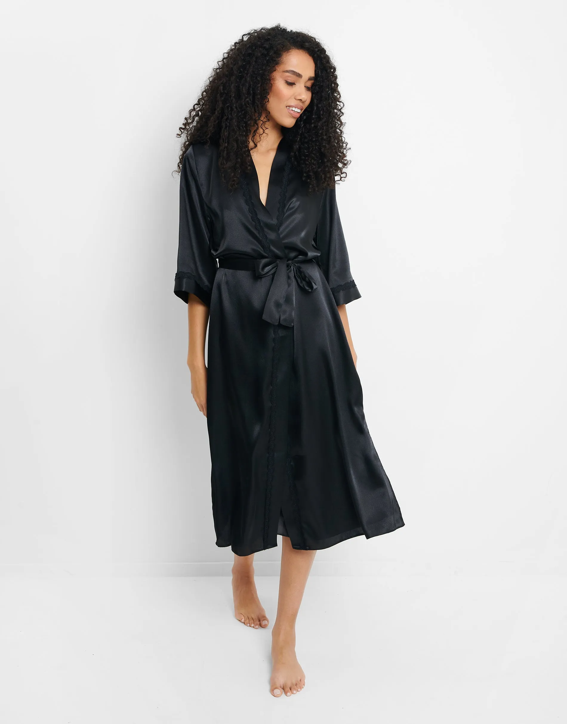 Women's Black Satin Kimono Robe sold by Threadbare product image thumbnail 2