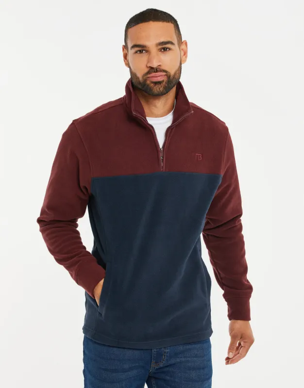 Burgundy & Navy Colourblock Quarter Zip Fleece sold by Threadbare