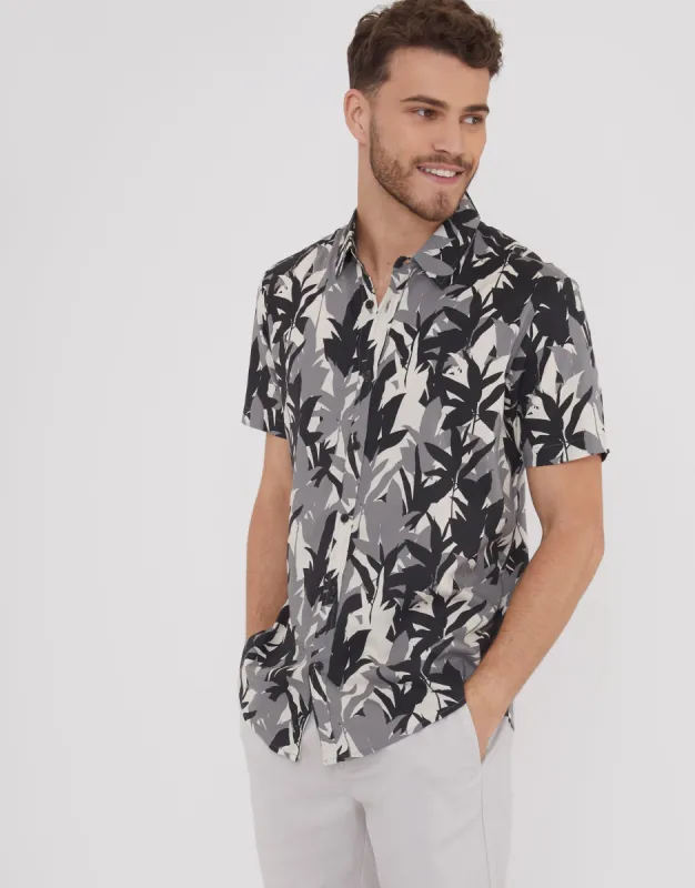 Men's Black Leaf Print Revere Collar Short Sleeve Shirt sold by Threadbare