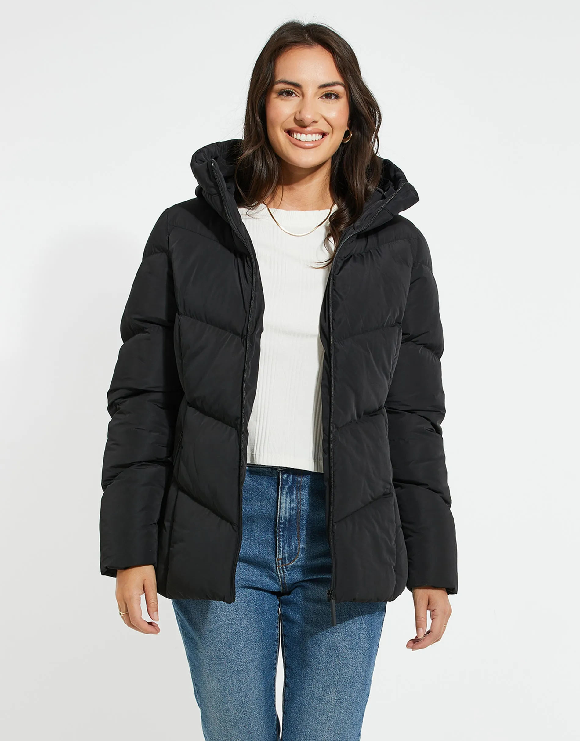 Women's Black Funnel Neck Padded Jacket sold by Threadbare product image thumbnail 2