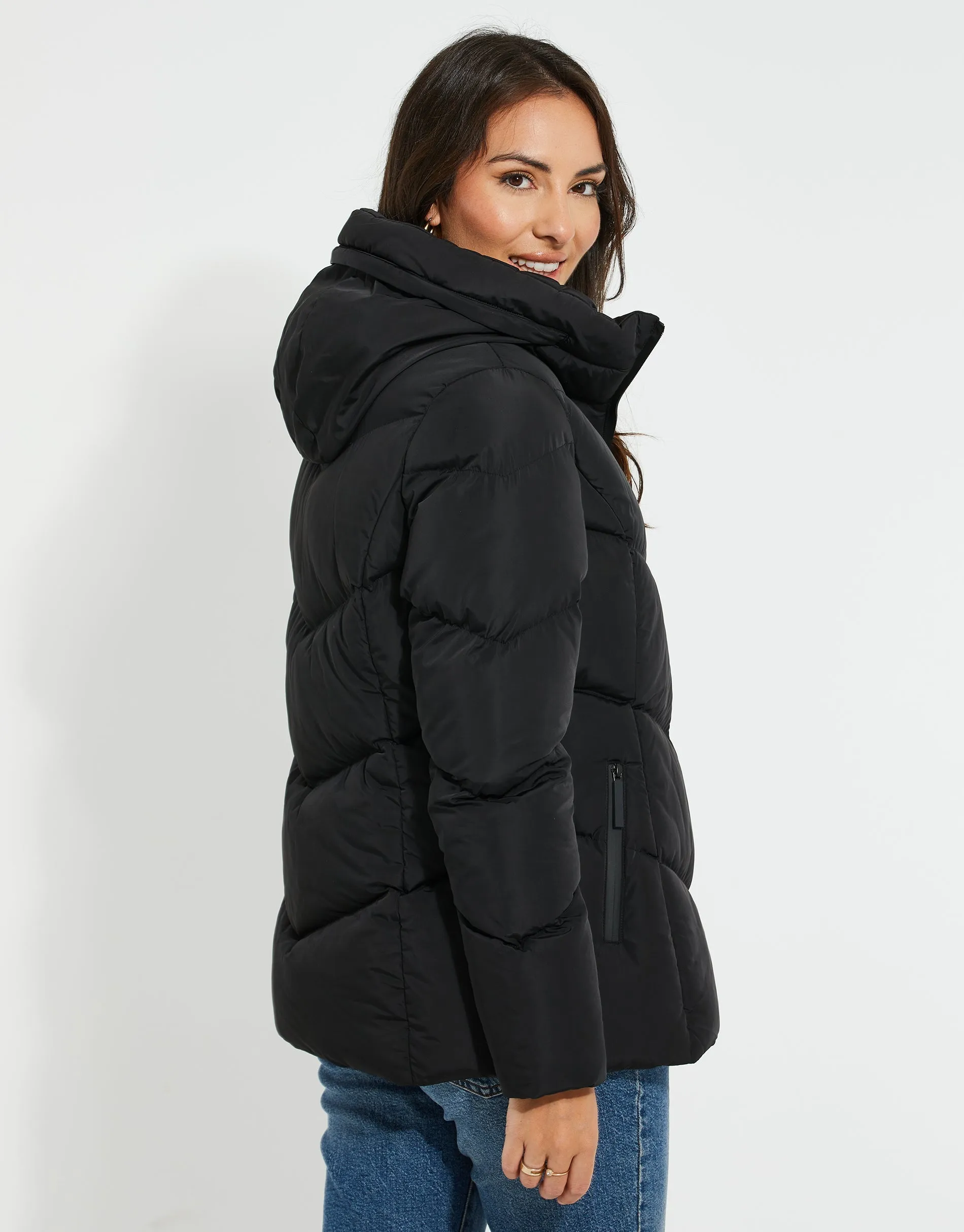 Women's Black Funnel Neck Padded Jacket sold by Threadbare product image thumbnail 3