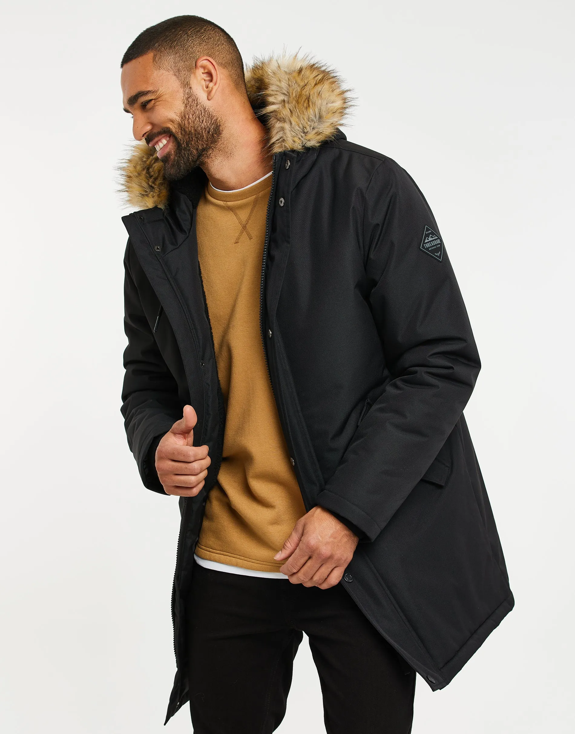Men's Black Borg Lined Parka Jacket sold by Threadbare