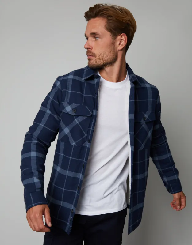 Men's Navy Check Borg Lined Long Sleeve Shirt sold by Threadbare