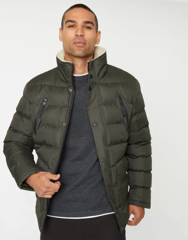 Men's Khaki Showerproof Utility Puffer Jacket with Sherpa Lined Collar sold by Threadbare