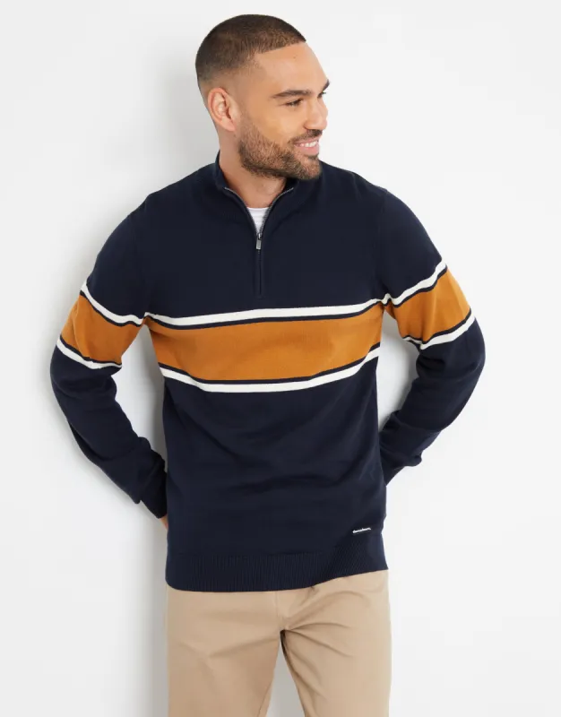 Men's Navy Block Stripe Knitted Quarter Zip sold by Threadbare