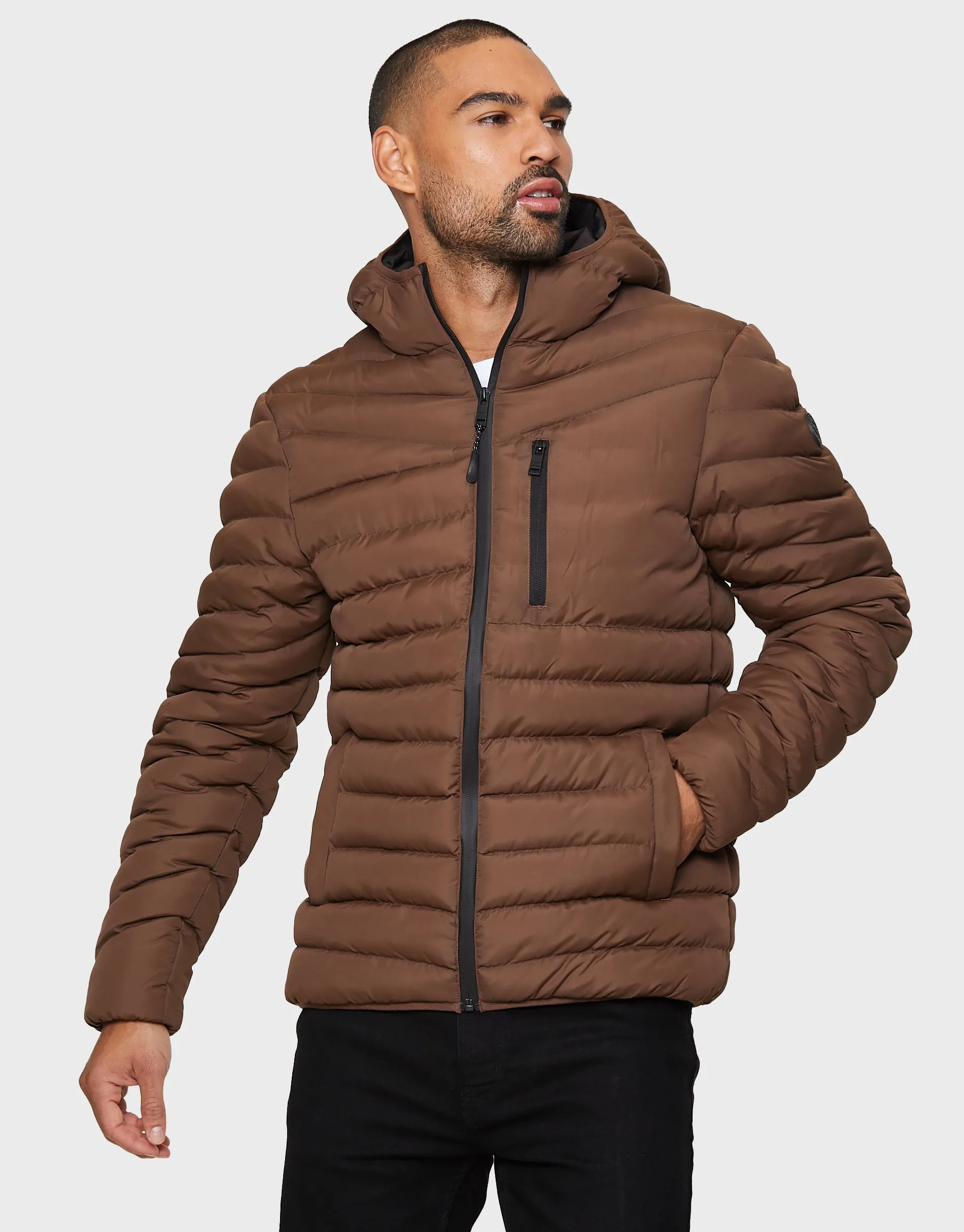 Men's Chocolate Brown Hooded Puffer Jacket sold by Threadbare